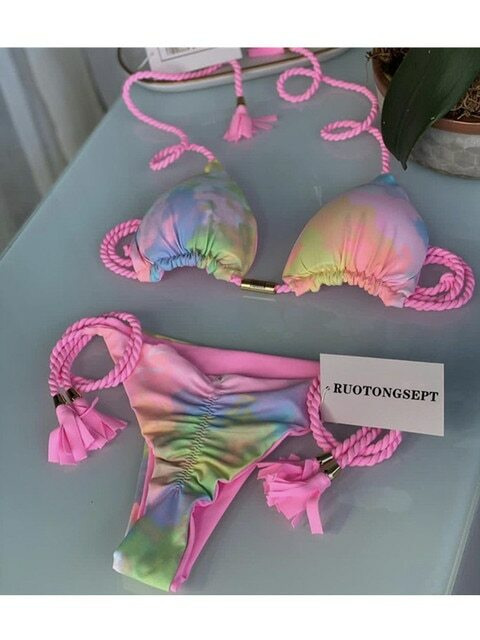 sexy printed Brazilian bikini strappy tassel split swimsuit multi-color_voghion.com