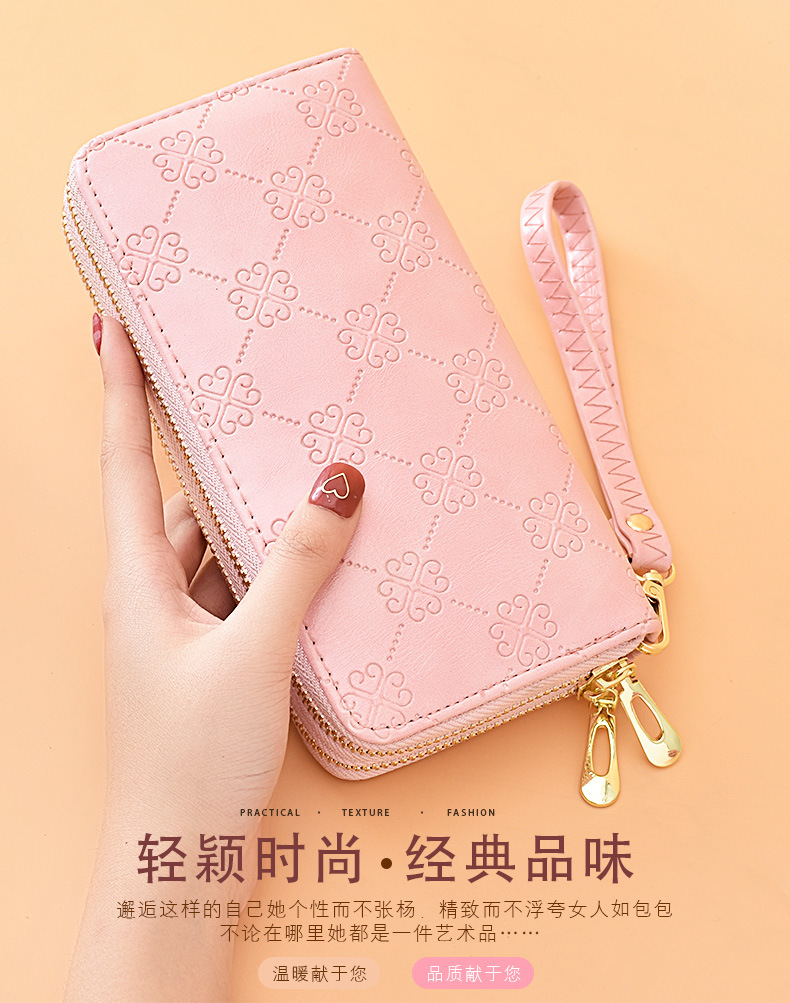 Portafoglio da donna lungo in pelle lucida con doppia cerniera borsa per cellulare a doppio strato di grande capacità, fascia da polso smerigliata_voghion.com