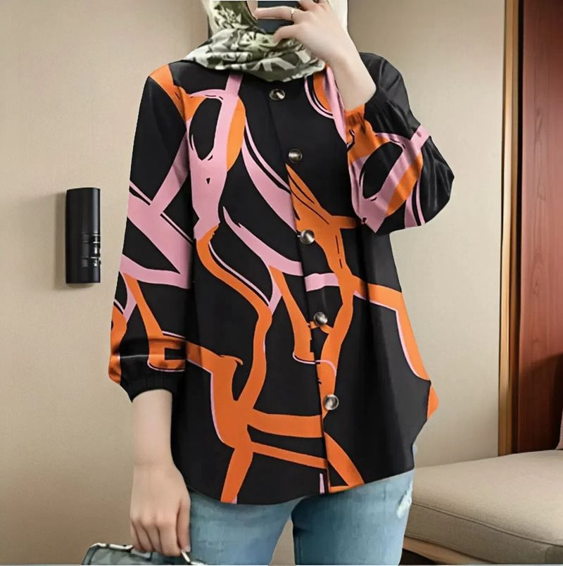 2025 Dames Lente Herfst Puff Lange Mouwen Stijlvolle Print Losse Casual Knoop Blouses Dames Feest Werk Tops Moslim Hijab Blusas_voghion.com