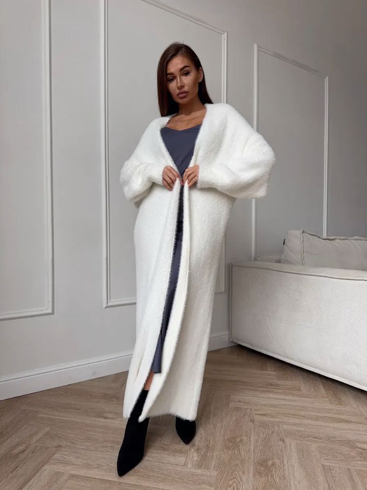 Faux Mink Knit Cardigan – Oversized Long Coat In Plush White (One Size, 100-120cm Length Options)_voghion.com
