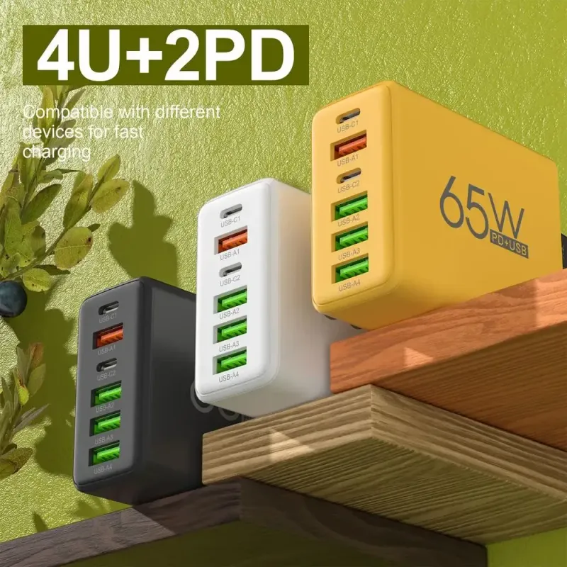 Multiple Ports 6 Block 4 USB And 2 Type-C 65W Port Charging Adapter Wall Charger Plug Fast_voghion.com