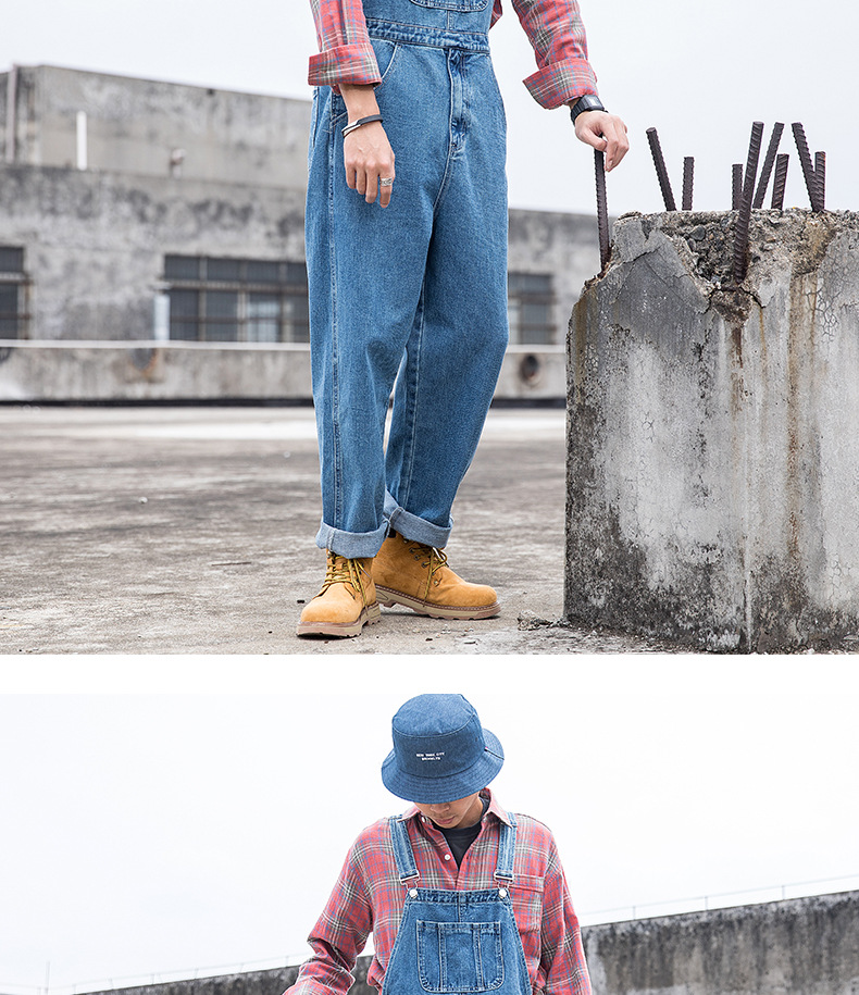 Man's clothing Blue overalls for men loose straight leg unisex work pants Overalls with suspenders_voghion.com