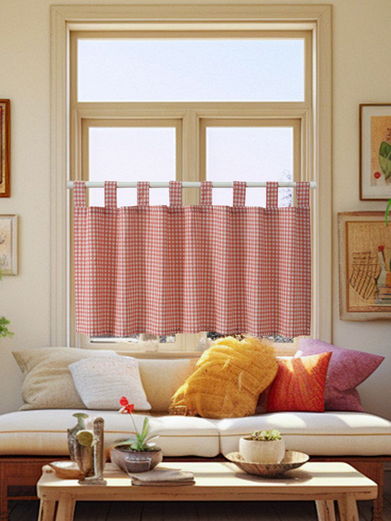 Cortinas xadrez boêmias para cozinha, quarto e cafeteria – Cortina de porta e janela de linho e algodão estilo Ins com borlas, xadrez vermelho/verde/preto_voghion.com