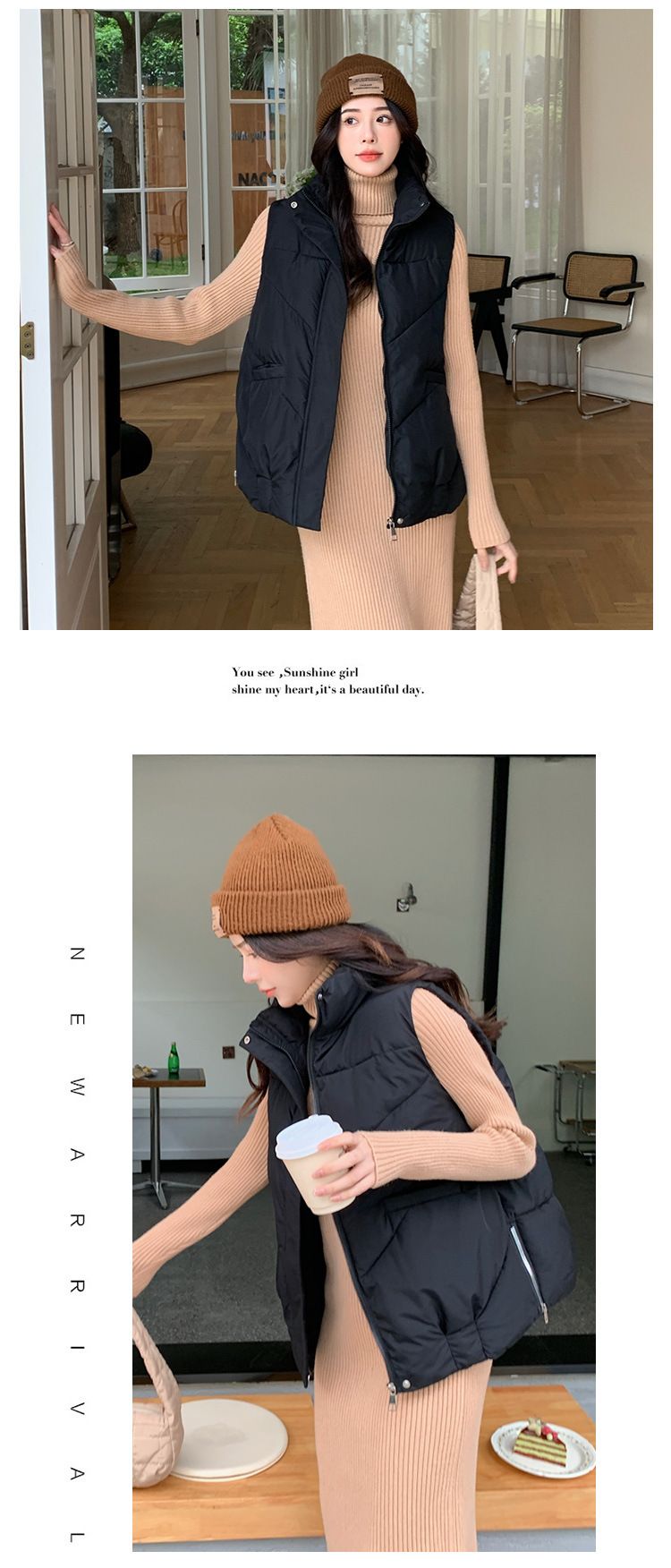 Doudoune sans manches matelassée pour femme - Veste d'hiver chaude à col montant, coloris noir/crème/kaki/citrouille | Tailles M à 2XL_voghion.com