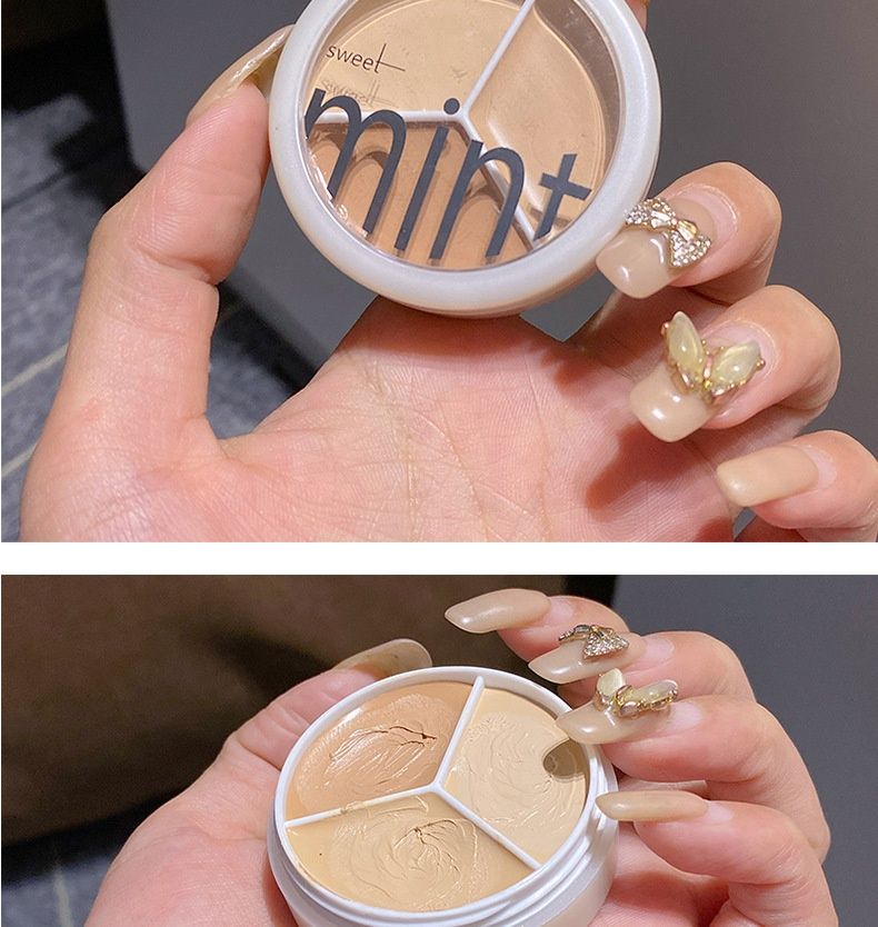 Corrector tricolor Sweet Mint para cubrir manchas, espinillas, ojeras, surcos lagrimales y base de maquillaje sin quitar el maquillaje._voghion.com