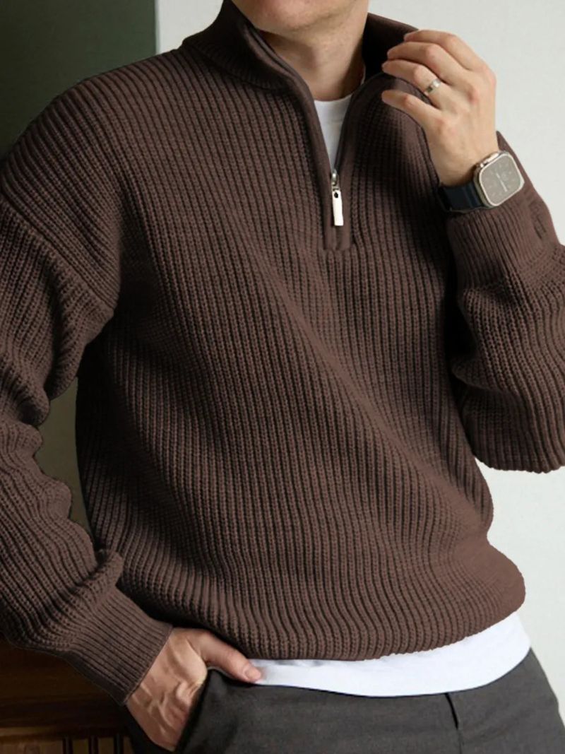 Men's Half-Zip Mock Neck Sweater - Classic Old Money Style Knit Pullover For Autumn & Winter_voghion.com