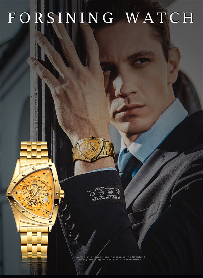 FORSINING 395 Nouvelle Arrivée Hommes Squelette Automatique Mécanique Or Vintage Homme Montre Triangle Montres-bracelets Horloge Meilleur Cadeau Pour Hommes_voghion.com