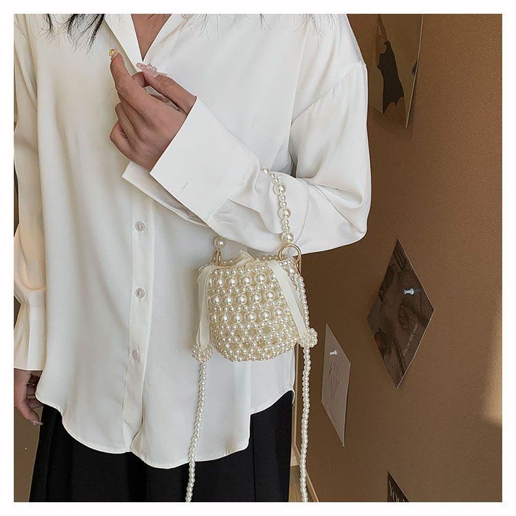 Borsa a secchiello da donna, borsa a tracolla intrecciata con perle, borsa a secchiello vintage con perline, borsa a tracolla alla moda_voghion.com