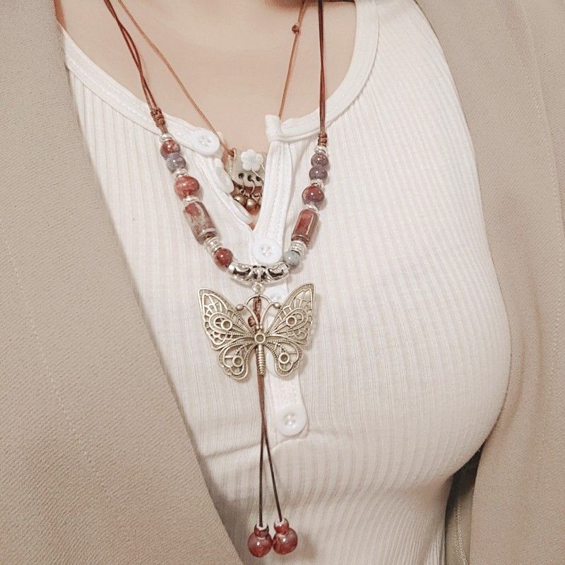 Guifei étnico cerâmica longa camisola corrente feminino antigo pingente estilo chinês borboleta colar_voghion.com