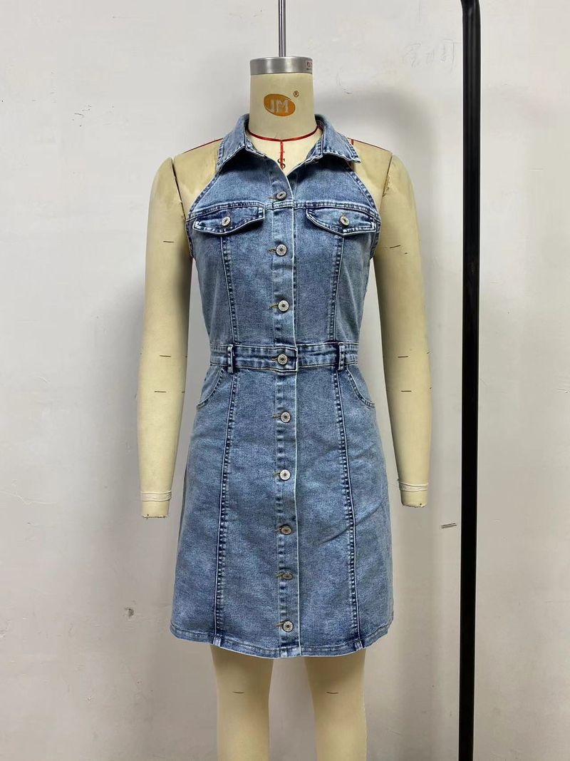 Abito in denim alla moda da donna, senza maniche, con risvolto e vita a trapezio_voghion.com
