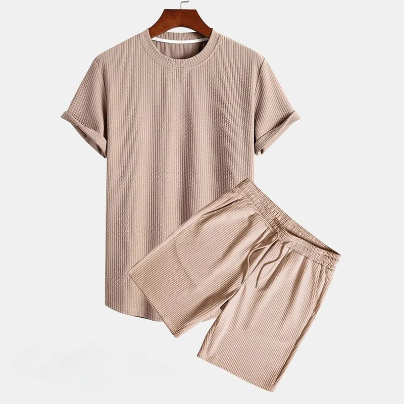 2024 Sommer Herren Kurzarm Rundhals Pullover T-Shirt Shorts Set Einfarbig Beachwear_voghion.com