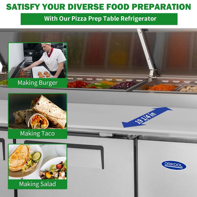 Orikool 93 IN Commercial Pizza Prep Table With A Built-in Refrigerator 30.8 Cu.Ft, Butcher Block Cutting Board, Protection Lid, Cold Storage, And Smooth-Rolling Casters, ETL Certified_voghion.com