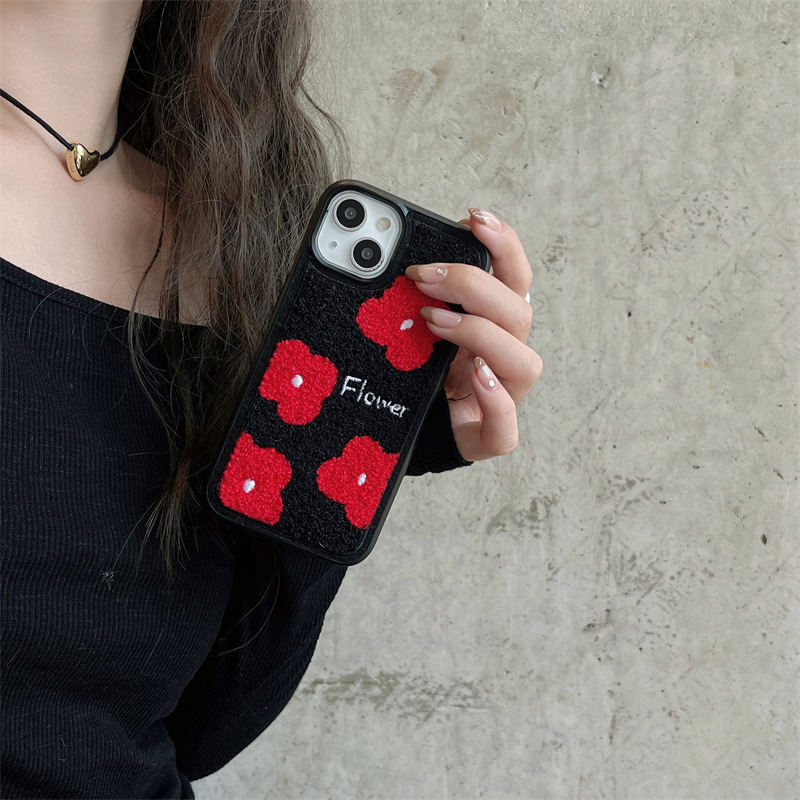 Embroidered retro red flowers suitable for Apple 15promax mobile phone case iPhone14 anti-fall 13 autumn and winter 12 plush_voghion.com