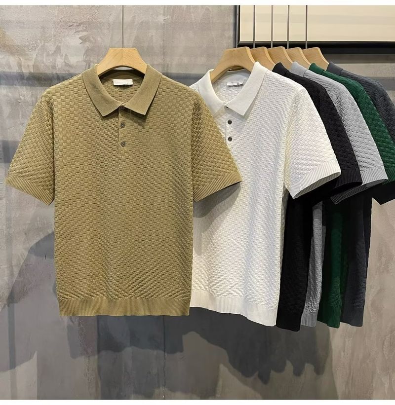 Herrenbekleidung Sommer New Ins Revers Kurzarm Poloshirt Herren Leichtes Luxus All Match Einfarbiges Kariertes Textur T-Shirt_voghion.com