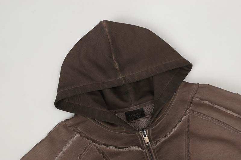 Felpa con cappuccio destrutturata da uomo – Felpa oversize con zip, stampa grafica e dettagli con bordi grezzi (rosso/grigio)_voghion.com