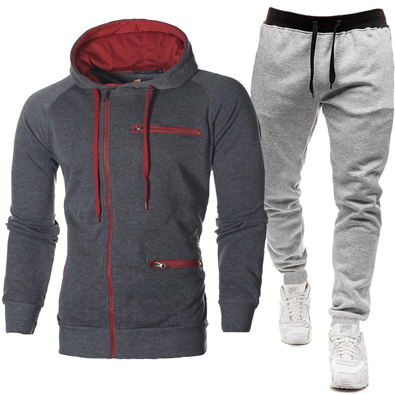 Nuevo conjunto de sudadera con capucha y chaqueta y pantalones deportivos de color sólido con cremallera informal para hombre_voghion.com