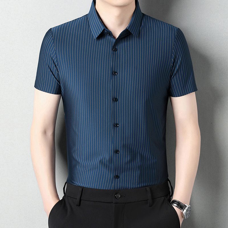 Camicia da uomo CT Ice Silk elasticizzata a maniche corte, estiva, casual, da lavoro, con stampa a righe sottili_voghion.com