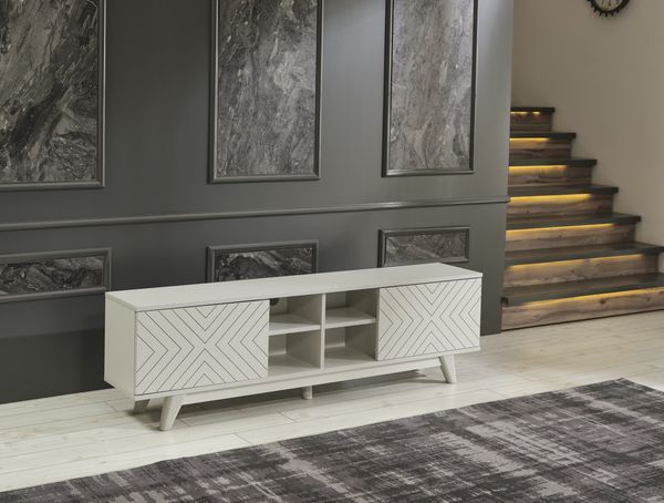 FurnisHome Store Lina Mid Century Modern Tv Stand 2 Door Cabinet 4 Cubby Hole Shelves 67 Inch Tv Unit, Grey_voghion.com