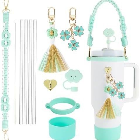 Silicone Grip Daisy Accessory Set 4-Piece Cup Sleeve With Cloud Shaped Straw Lid Colorful Hand Strap Floral Tassel Keychain Fits 16-30oz Tumblers_voghion.com