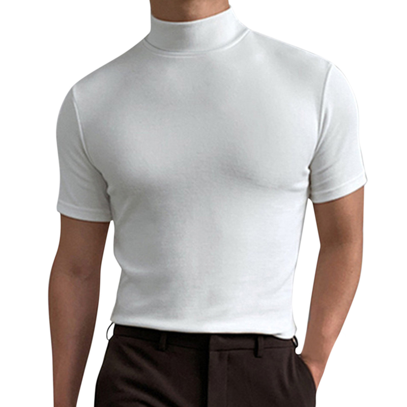 2023 herbst und Winter Hohe Kragen Kurzarm T-shirt männer Unterlage Einfarbig Top_voghion.com