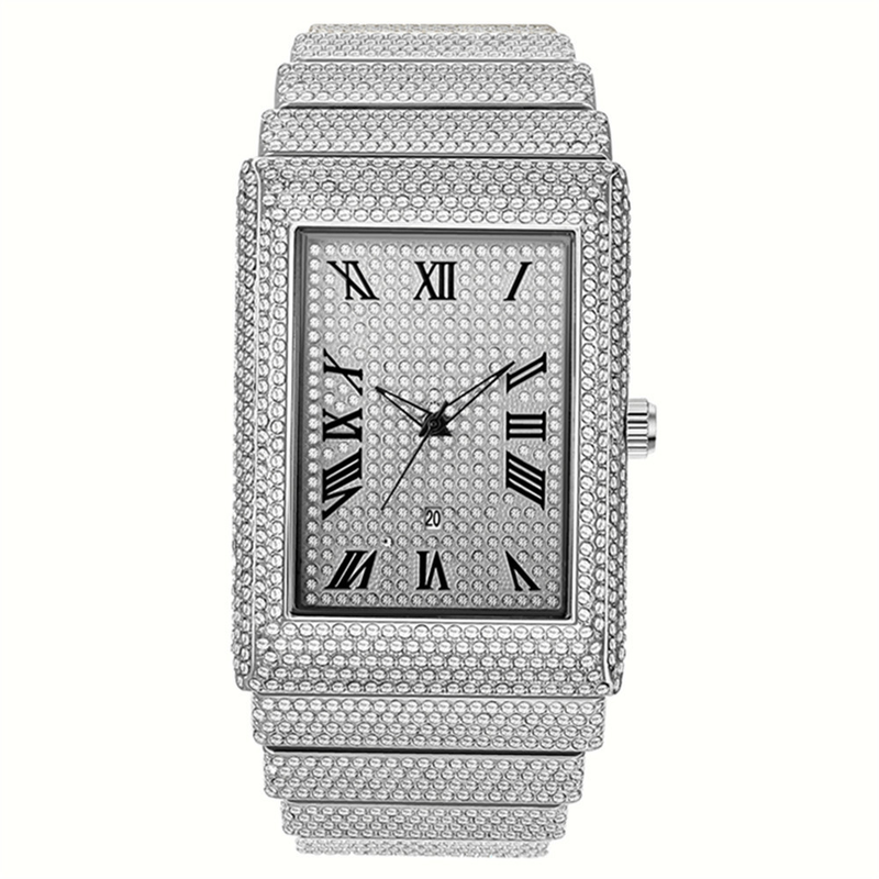Men's Luxury Rhinestone Watch - Hip Hop Square Dial With Diamond Accents, Gold Tone Stainless Steel Band, Date Display, Quartz Movement_voghion.com