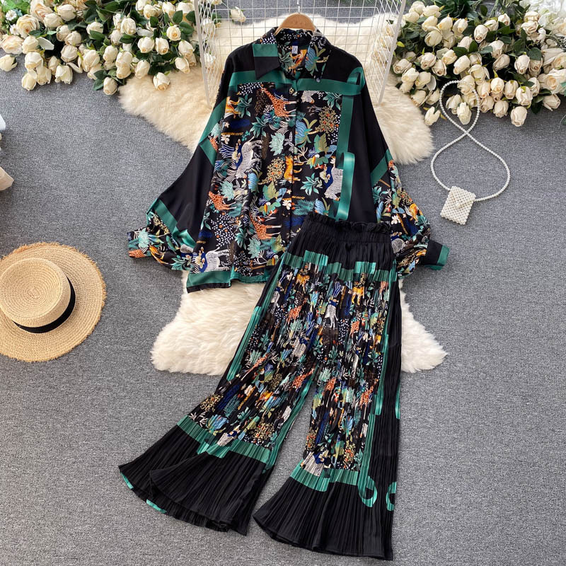Women's Design Sense Bat-sleeved Shirt Women Loose 100 Heavy Pleated Wide Leg Pants_voghion.com
