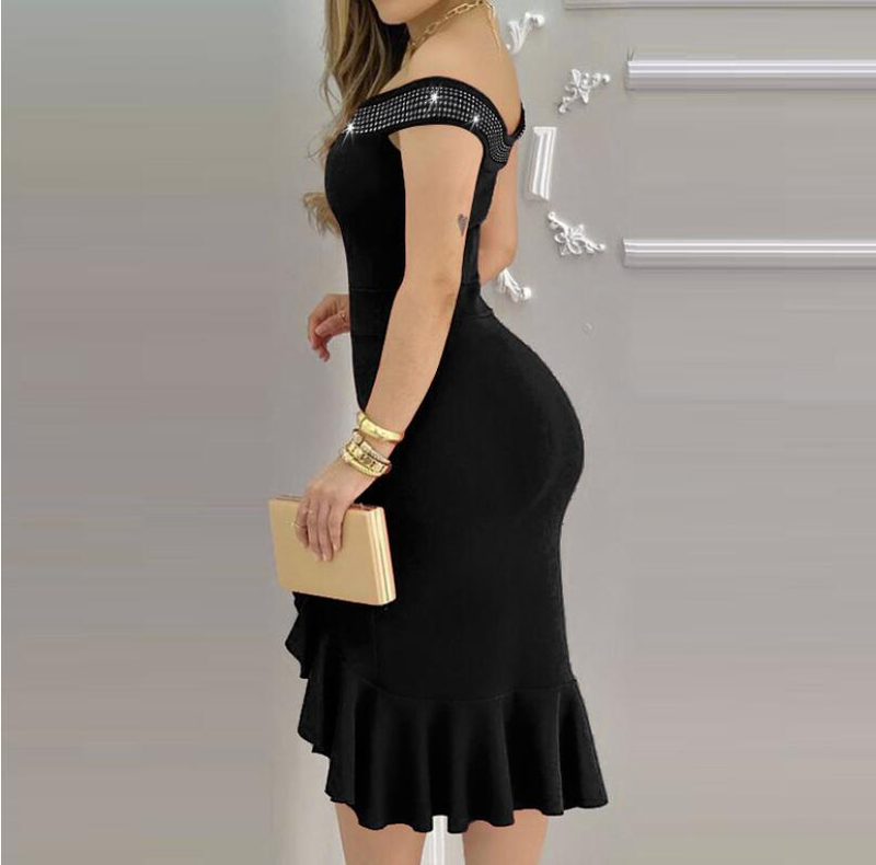 Rochie sexy strâmtă cu volane, lungime medie, cu un singur umăr, cu diamante, pentru femei_voghion.com