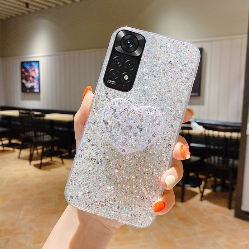 Shiny Glitter Heart Love Phone holder Case For Xiaomi Redmi Note 11 11S 10 10S 9 9S 9A 9C 8 8A 7 Pro Soft Silicone Cover_voghion.com