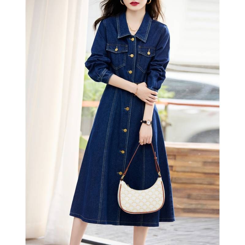 Collar Dress For Women In The Spring Autumn Of 2025, New Commuter Style, Waist Cinching And Slimming Denim Skirt With_voghion.com