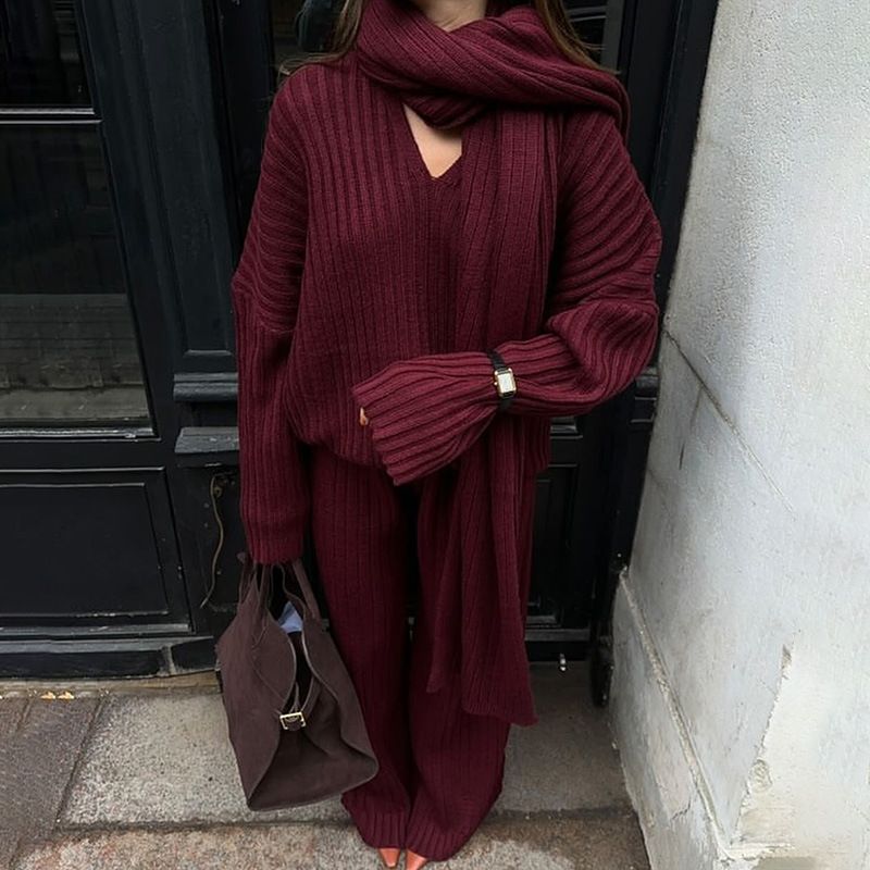 Oversized Knit Sweater & Scarf Set – Fall/Winter Women's Loungewear (Wine Red/Sage Green/Gray, S-L)_voghion.com