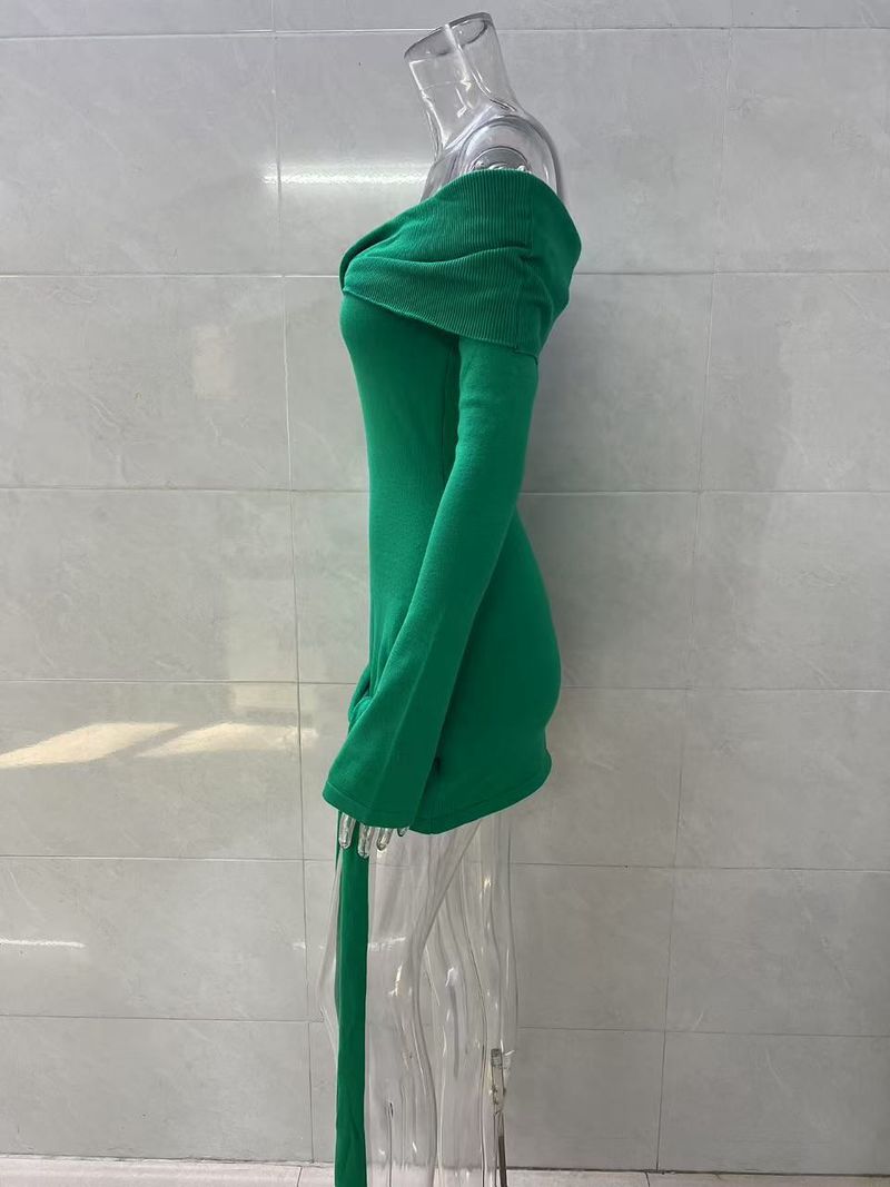 Abito aderente sexy in maglia con spalle scoperte e dettaglio allacciato - Mini abito a maniche lunghe per donna, stile streetwear chic, misto poliestere_voghion.com