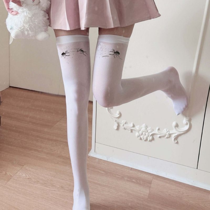 Overknee-Strümpfe aus Samt für Damen, dünne weiße lange Strümpfe, bedruckte schwarze Halloween-Oberschenkelsocken mit Spinnenmuster_voghion.com