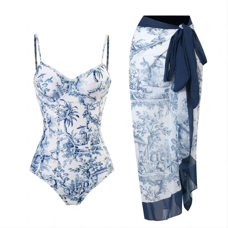 Maillot de bain rétro pour femmes, combinaison imprimée peinture à l'encre, jupe en gaze en mousseline de soie, pour vacances, maillot de bain de beauté_voghion.com