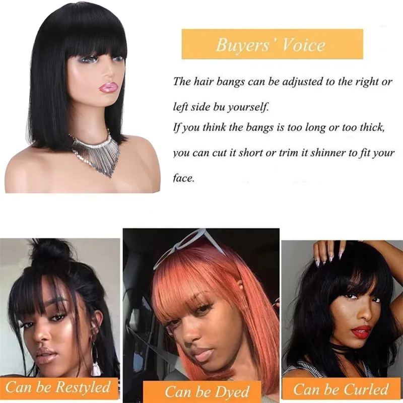 Braziliaanse pruik van echt haar met pony Remy steil haar Bob pruiken Volledig machinaal gemaakte pruik voor vrouwen 8-14 inch Lijmloze bob pruiken_voghion.com