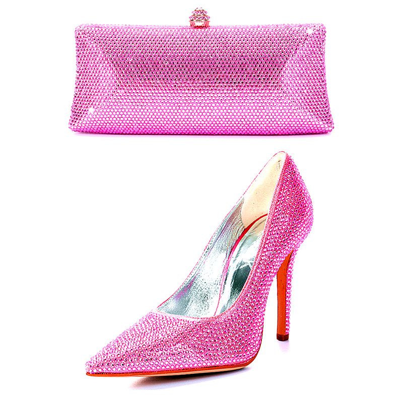 Scarpe con tacco alto da donna, piene di diamanti, borse e scarpe, abito da due pezzi, festa di nozze, borsa da sera lucida con strass_voghion.com