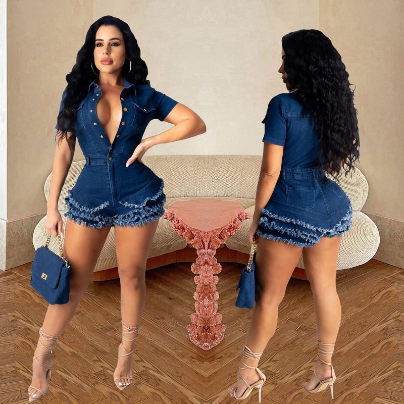 Women's fashion slim-fit denim romper with fringe and fur edge_voghion.com