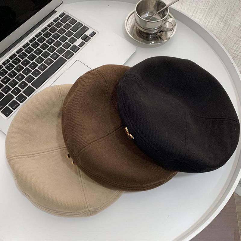 Hot Sale Stylish Metal Heart Decor Soft Beret Cap Winter Thermal Ladies Retro Painter Hat_voghion.com