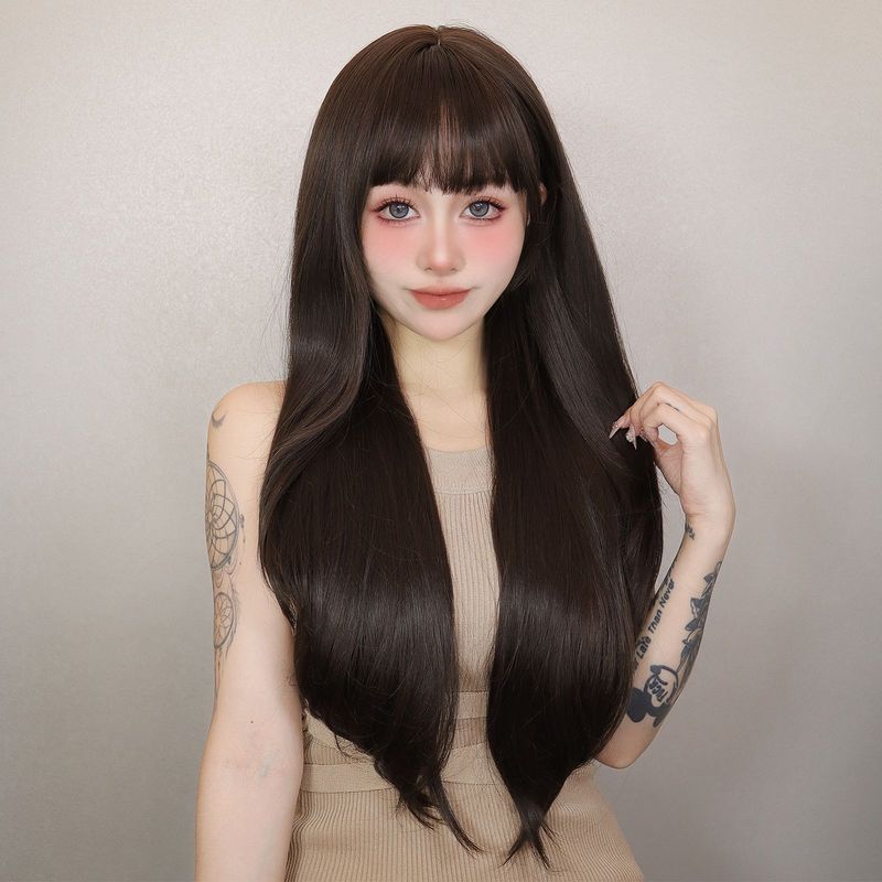 Perruque Femme Cheveux Longs Coréens Doux Mignon Quotidien Frange Lisse Noir Brun Dégradé Perruque Cheveux Longs Raides_voghion.com