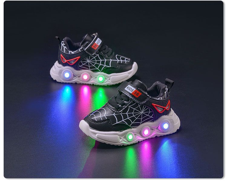 Frühling Herbst Neue Kinder Leder Spinnennetz LED Licht up für Kleine und Mittlere Jungen Casual Sport Schuhe_voghion.com