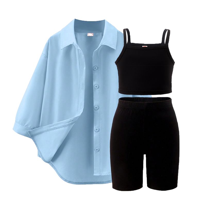 Παιδικά Ρούχα Άνοιξη και Φθινόπωρο Νέα Κοστούμια για Κορίτσια Μικρά και Μεσαία Παιδικά Μονόχρωμες Τιράντες + Σορτς + Μακρυμάνικο Μπουφάν Σετ Τριών Τεμαχίων_voghion.com