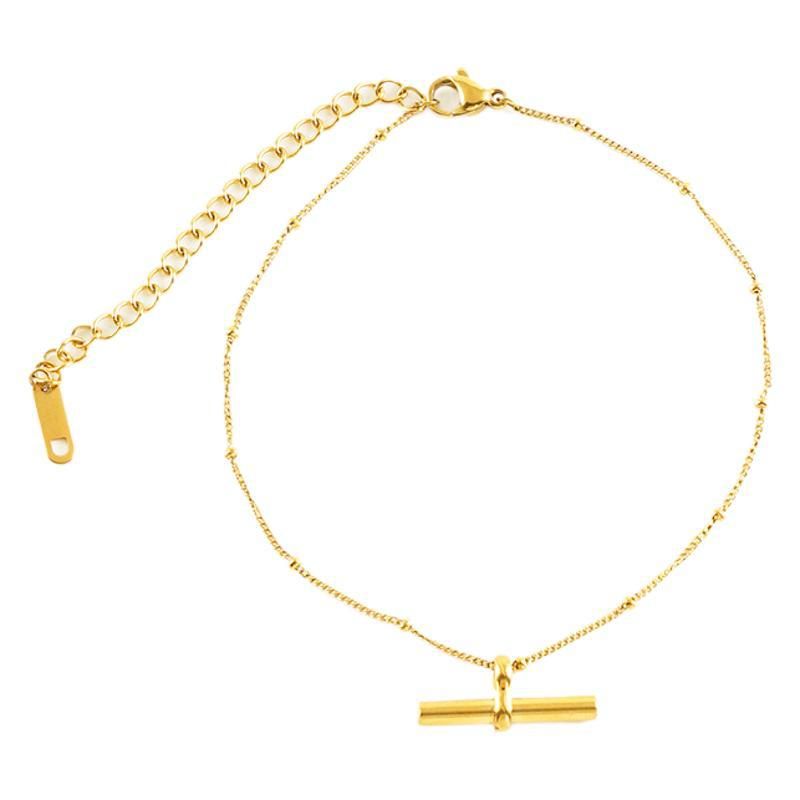 Minimalist Stainless Steel Gold-Plated Personality T-Bar Barbell Pendant Round Bead Chain Anklet For Women_voghion.com