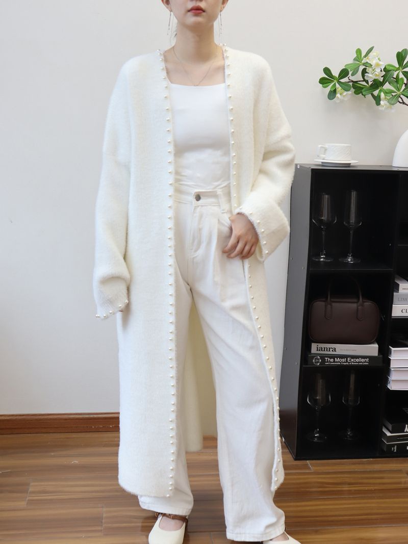 Cárdigan de punto de imitación de chinchilla con cuentas: abrigo extralargo y extragrande (poliéster afelpado, cuello en V, minimalista en blanco, rosa y negro, ideal para el trabajo y la noche)_voghion.com