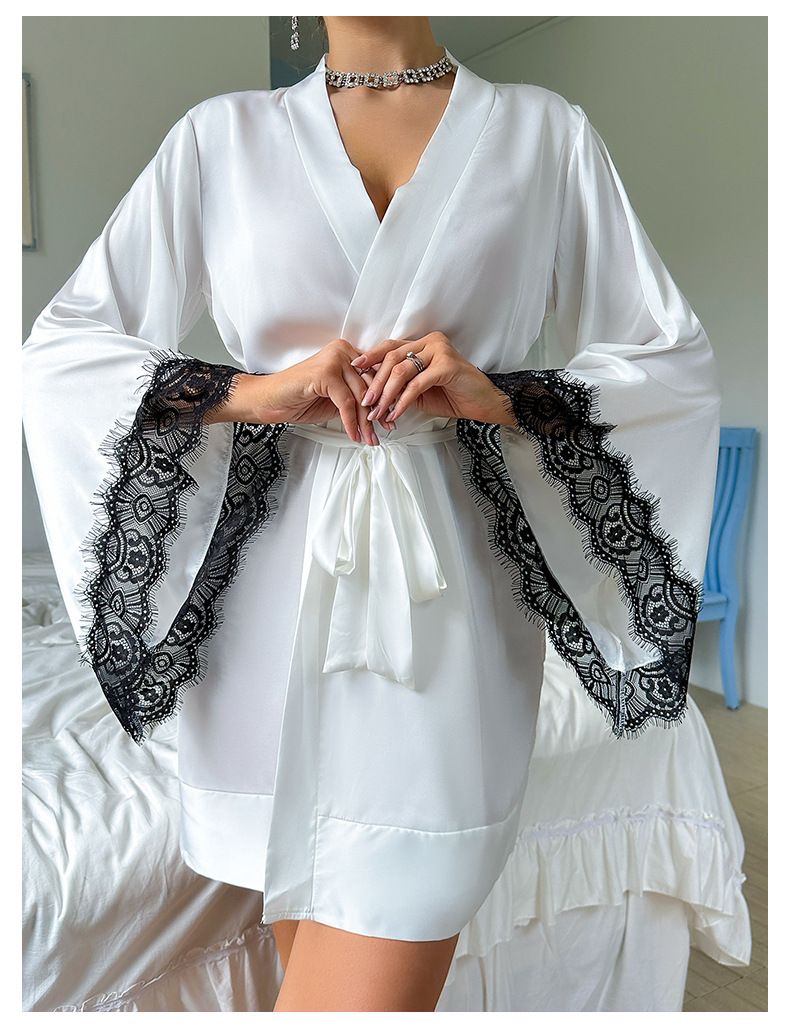 Europäische und amerikanische Cross Border Sexy Nachthemd Medium Bademantel Sexy Pyjamas Damen Langarm Damen Satin Home Kleidung Großhandel 735_voghion.com