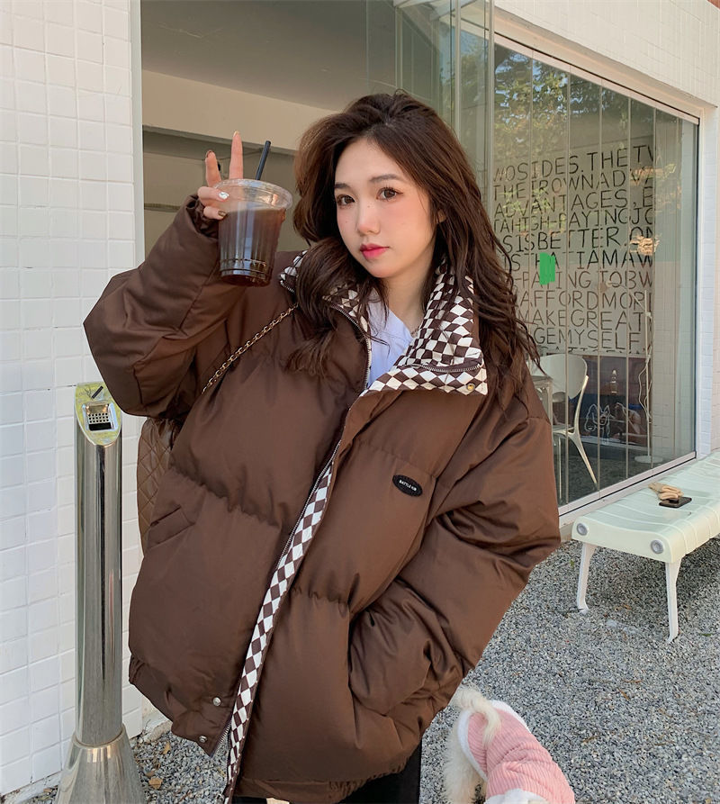 Women’s Oversized Checkerboard Puffer Jacket – Thick Cotton Quilted Coat With Stand Collar (Black, Coffee, S-XXL)_voghion.com