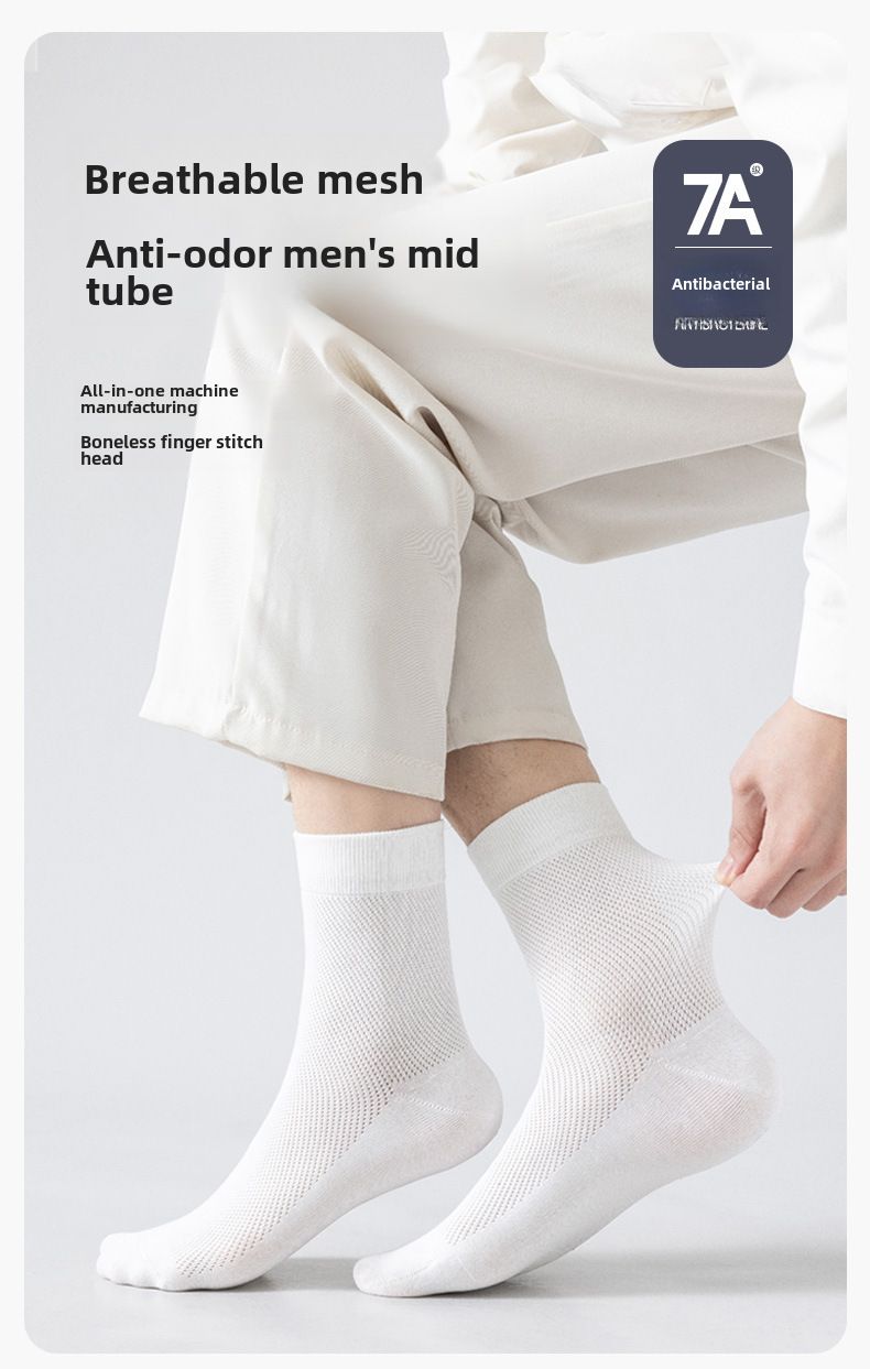 Forårs- og sommersokker til mænd, ren bomuld, svedabsorberende deodorant, sokker til midt på læggen, 7A antibakterielle hvide bomuldssokker, herresommer, tynde strømpebukser_voghion.com