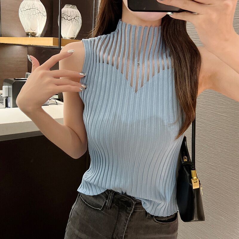 Colete feminino de meia gola alta, malha oca, pequeno, emenda de malha, suspensório, suéter, colete justo, sem mangas, gola média_voghion.com