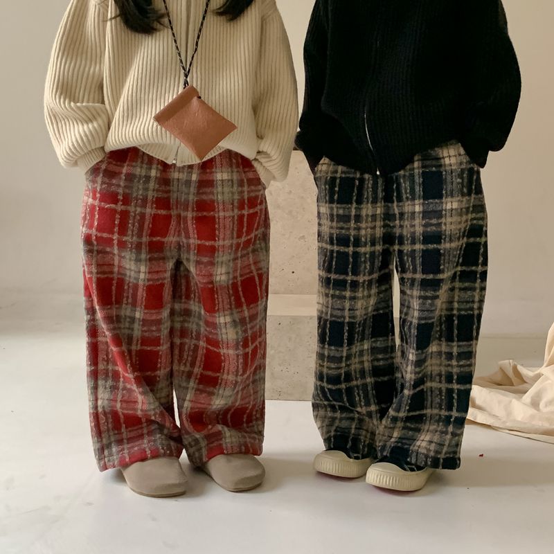 Pantaloni per bambini Pantaloni invernali a gamba dritta scozzese per ragazzi e ragazze Pantaloni scozzesi a gamba larga casual spessi per bambini_voghion.com