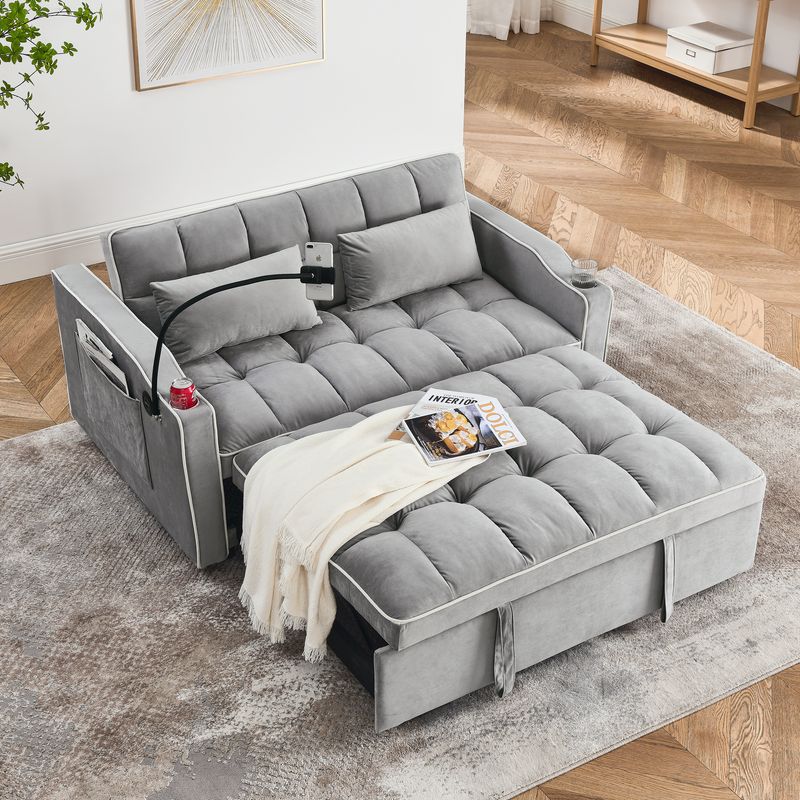 55.51 Inch Versatile Foldable Sofa Bed In 3 Lengths, Modern Sofa Sofa Sofa Velvet Pull-out Bed, Adjustable Back And With USB Port And Ashtray And Swivel Phone Stand (Grey)_voghion.com