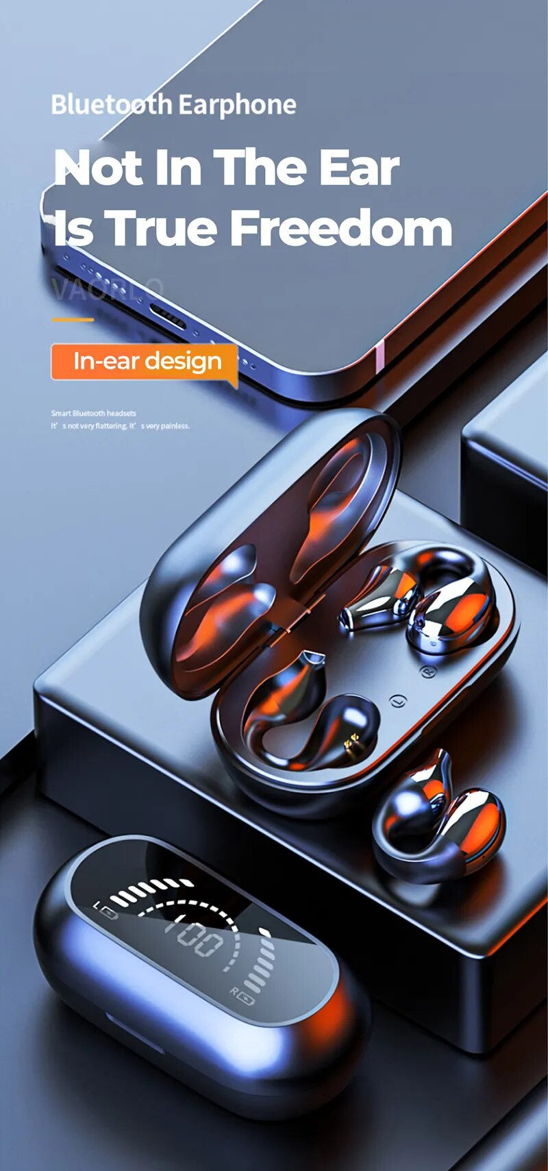 VAORLO TWS Wireless Headphones Bluetooth 5.2 Bone Conduction Earphones Earclip Design Touch Control LED Earbuds Sports_voghion.com