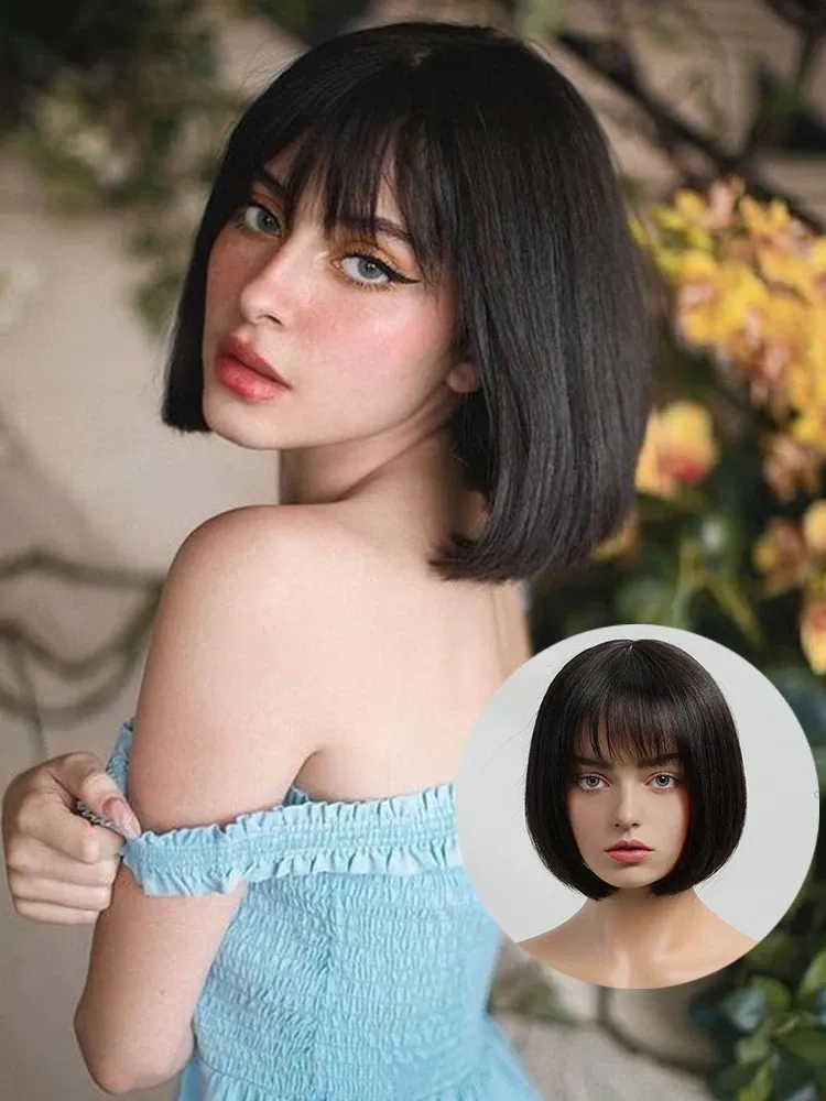 Bob-Perücke aus natürlichem, schwarzem, glattem Echthaar, kurz, 100 % Remy-Haar, mit Pony für Frauen_voghion.com